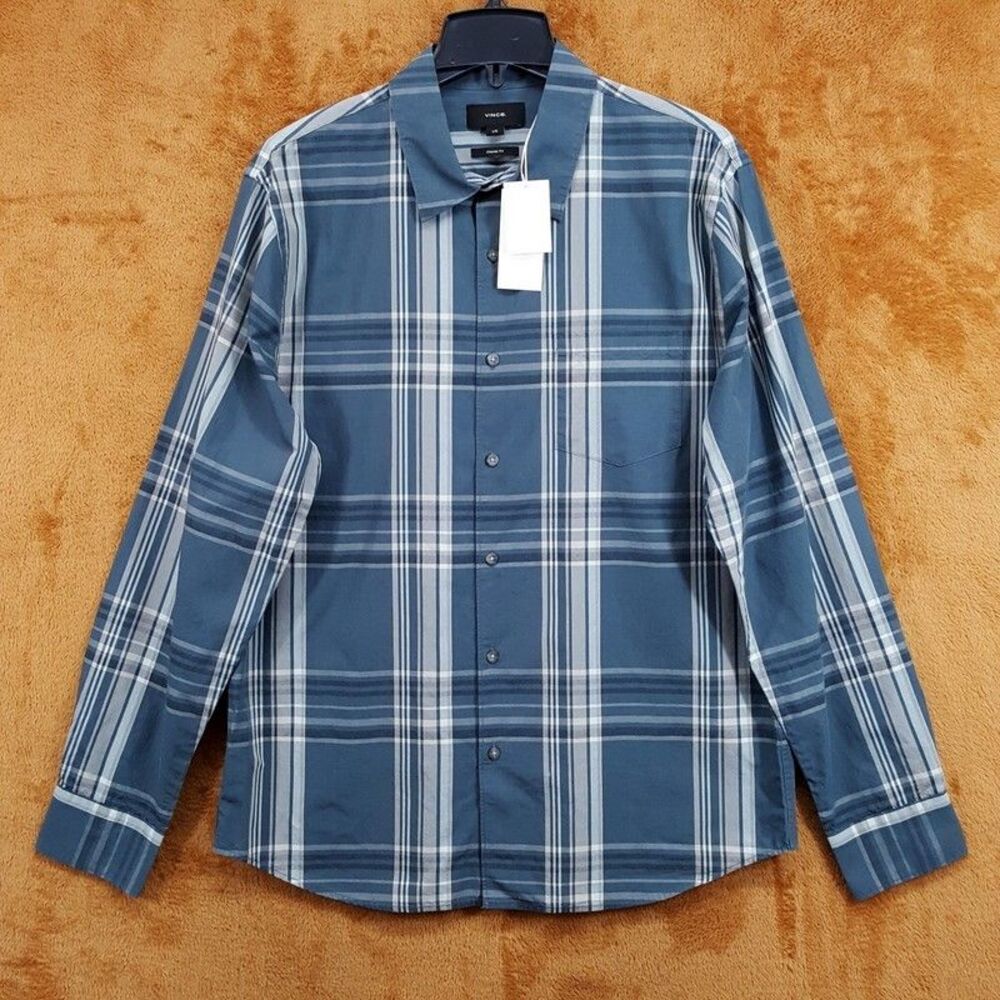 VINCE Shirt Mens Large Blue Plaid Button Up Pocket Lyocell Cotton LORIMER $198